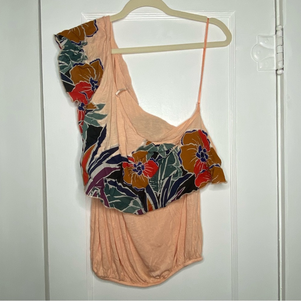 Free People Annka Bubble Tropical One Shoulder Vacation Blouse In Peach Medium - Picture 5 of 15
